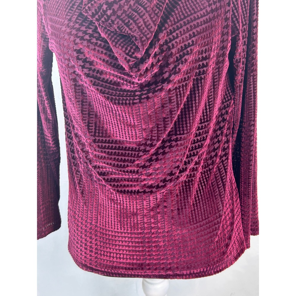 Talbots Burnout Velvet Top Womens Large Burgundy Excellent Cowl Neck Houndstooth - Picture 5 of 10